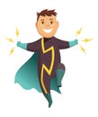 Cartoon superhero kid character. Joyful kid wearing super hero costume with comic cloak for brave recreation. Isolated Royalty Free Stock Photo