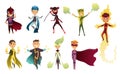 Cartoon superhero kids characters. Joyful kid wearing super hero costume with mask and comic cloak for brave recreation Royalty Free Stock Photo