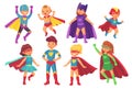 Cartoon superhero kids characters. Joyful kid wearing super hero costume with mask and cloak. Children superheroes