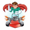 Cartoon superhero with lawn mower