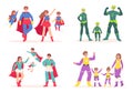 Cartoon superhero parents and children. Families superheroes in masks and mantles. People wear costumes, snugly funny Royalty Free Stock Photo