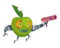 Cartoon Superhero Robot Character Green Apple with Gun Vegetarian Superpower Concept Element Flat Design Style. Vector Royalty Free Stock Photo