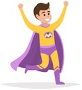 Cartoon superhero smiles and hurries to save world. Brave character in superhero yellow costume