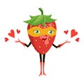 Cartoon superhero strawberry in orange mask. Funny fruit super hero. Vector illustration on white background.