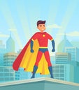 Cartoon superhero watching city. Comic powerful man, hero in super suit with cloak on town cityscape vector illustration Royalty Free Stock Photo