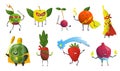 Cartoon superheroes. Fruits in masks and capes. Cute childish cartoon characters in costumes in different poses. Funny Royalty Free Stock Photo