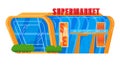 Cartoon supermarket facade with sale signs. Bright blue and orange storefront illustration. Shopping and retail theme