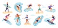 Cartoon surfers characters. Happy athletes dissect waves on boards. Summer vacation. Extreme water sport. People in