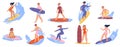 Cartoon surfers on surfboards. Surfing characters, summer teenagers active life. Young adults with surf, sea or ocean