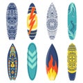 Cartoon surfing board with ethnic pattern. Equipment for summer activity or extreme sport. Surfboards with different