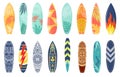 Cartoon surfing board with summer design and ethnic pattern. Surfboard with tropical leaf print, flame and lightning