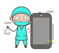 Cartoon Surgeon Holding Gloves and Presenting a Smartphone Vector Royalty Free Stock Photo