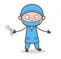 Cartoon Surgeon with Scissors Presenting Concept