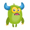 Cartoon surprised green horned monster. Halloween vector illustration. Troll or goblin character