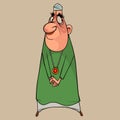 Cartoon surprised man with bushy eyebrows in a tunic with a precious pendant