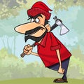 Cartoon surprised man lumberjack standing with an axe in the woods Royalty Free Stock Photo