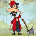 Cartoon surprised the woodcutter next to the axe in the woods