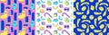 Cartoon surreal seamless patterns with emoji, arch, geometric, abstract shapes in trendy psychedelic weird style.