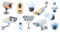 Cartoon surveillance cameras. Cctv spy watching video system, professional home or outdoor security equipment, interior