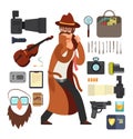 Cartoon surveillance detectives with equipment vector set for investigation concept