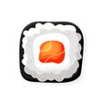 Cartoon sushi roll icon with salmon, creamy cheese, nori and rice