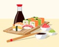 Cartoon sushi and sashimi. Asian dish with salmon and rice. Japanese cuisine concept. Wooden plate and chopsticks. Fish Royalty Free Stock Photo