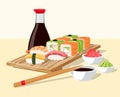 Cartoon sushi and sashimi. Asian dish with salmon and rice. Japanese cuisine concept. Wooden plate and chopsticks. Fish rolls with Royalty Free Stock Photo