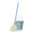 Cartoon swab with bucket stock vector illustration. Mop wipes a puddle. Cleaning services, household concept. Equipment Royalty Free Stock Photo