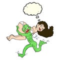 cartoon swamp monster carrying girl in bikini with thought bubbl