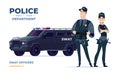Cartoon swat officers man and woman team in armor. Safety officers with swat car. Guardians of law and order.