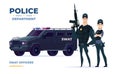 Cartoon swat officers man and woman team in armor. Safety officers with swat car. Guardians of law and order.