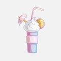 Cartoon sweet cocktail icon with milk foam, orange or limon. Pink, blue sweet cartoon cocktail icon with sweets and Royalty Free Stock Photo