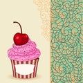 Cartoon sweet cupcake and doodle boho pattern