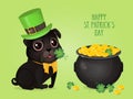 Saint Patricks Day ÃÂard with a cute black pug in Leprechaun hat and pot of gold. Royalty Free Stock Photo