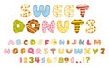 Cartoon sweet donuts font, colorful glazed donut letters and numbers. Cute dessert alphabet, delicious abc doughnuts Royalty Free Stock Photo