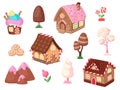 Cartoon sweet element. Candy cupcake house, dessert tree and flowers. Chocolate and ginger cookies home, garish game Royalty Free Stock Photo