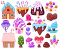 Cartoon sweet fantasy gingerbread houses and caramel trees. Fairy tale sweet candy land elements, biscuit houses