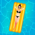 Cartoon sweet girl in sun glasses is floating on an inflatable mattress in the pool at private villa. Young woman