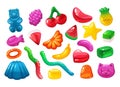 Cartoon sweet jelly. Delicious gummy desserts, jelly candy in different shapes. Colorful sweets vector illustration set Royalty Free Stock Photo