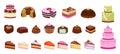 Cartoon sweets. Cake candy chocolate biscuit. Isolated pieces of birthday cakes. Dessert isometric icons, colorful