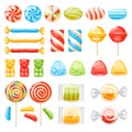 Cartoon sweets. Colorful caramel different types, sugar products, striped wrappers and sticks, round lollipops and jelly