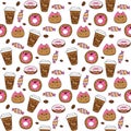 Cartoon sweets, cups, coffee beans, candies, donuts. Seamless pattern on brown background. Vector illustrations