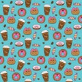 Cartoon sweets, cups, coffee beans, candies, donuts. Seamless pattern on brown background. Vector illustrations