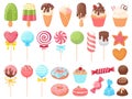 Cartoon sweets. Sweet ice cream, cupcakes and chocolate candies. Delicious donut, cookies and candy on stick vector