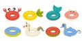 Cartoon swim rings, pool games rubber toys, colorful lifebuoys. Swimming circles, cute pool crab, unicorn, pineapple