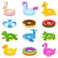 Cartoon swim rings, pool games rubber toys, colorful lifebuoys. Swimming circles, cute pool watermelon, donut and duck Royalty Free Stock Photo