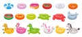 Cartoon swimming ring. Funny flamingo, shark, unicorn and duck floating rings. Summer swimming pool toys vector illustration set