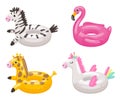 Cartoon swimming ring. Rubber inflatable toy of different shapes as zebra, flamingo, giraffe and unicorn