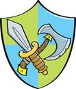 Cartoon sword and axe on a shield Royalty Free Stock Photo