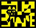 Cartoon symbolic cat on a background of rectangles. Bright black and yellow colors. Logo, design, cat in the city